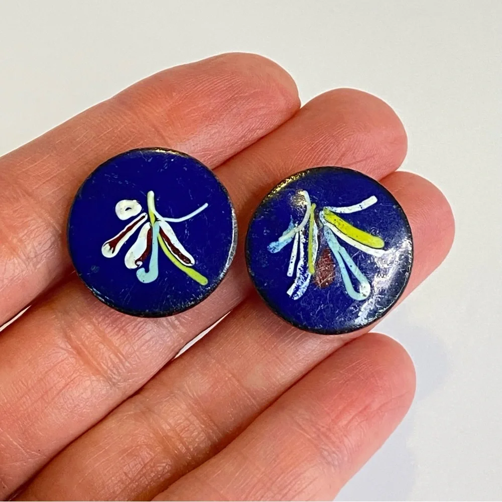Vintage Copper Enamel‎ Earrings Brooch Set Blue Floral Screw Back Mid Century